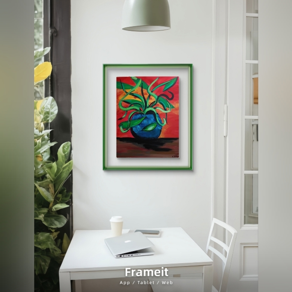 Colorful Abstract Art with Blue Vase and Greenery